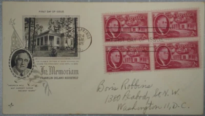 US 1945 FDC, Franklin D. Roosevelt, Warm Springs, Art Craft, Block of 4 2c (#2) - Image 1 of 2