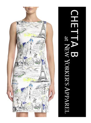 Chetta B White Blue Lemonlime Paris Scene Knee Length Sleeveless Sheath Dress 14 - Image 1 of 4