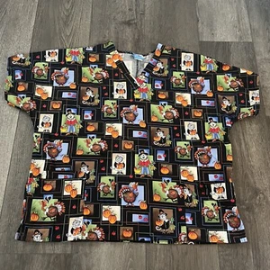 Scrub HQ Autumn Fall Scarecrow Pilgrim Pumpkin Scrub Top Size 2XL - Picture 1 of 6