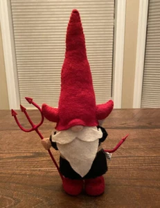 Halloween Devil Gnome With A Pitchfork, Horn Hat & Arrow Tail Felt Figurine - Picture 1 of 12