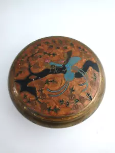 Vintage Cloisonne Messing Schmuck Schale rund Behälter mit Deckel Vögel Design Top - Bild 1 von 10