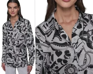 NUEVO CON ETIQUETAS KARL LAGERFELD París Manga Larga Motivo Logo Estampado Camisa Blusa Talla 2X - Imagen 1 de 14