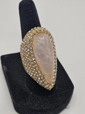 Gold Tone Stainless Steel Rose Quartz Clear Crystal Chunky Ring Size 7 - Image 1 of 4
