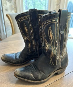 Leather Child Cowboy Boots Vintage Longhorn Steer Acme Cutout Inlaid - Picture 1 of 4