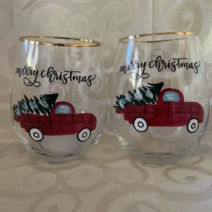 Set Of 2 Robert Stanley Stemless Wine Glasses 22oz. Red Truck/Tree - Christmas - Picture 1 of 11