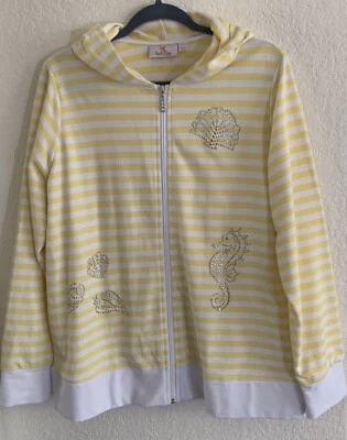 Quacker Factory Talla L Cremallera Completa Rayas Sudadera con Capucha Playa Costa Chaqueta con Joyas Foto 1 de 4