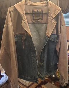 Vtg 90s Bugle Boy 2 Tone Baggy Fit Hooded Denim Hip Hop Jacket Size L - Picture 1 of 13