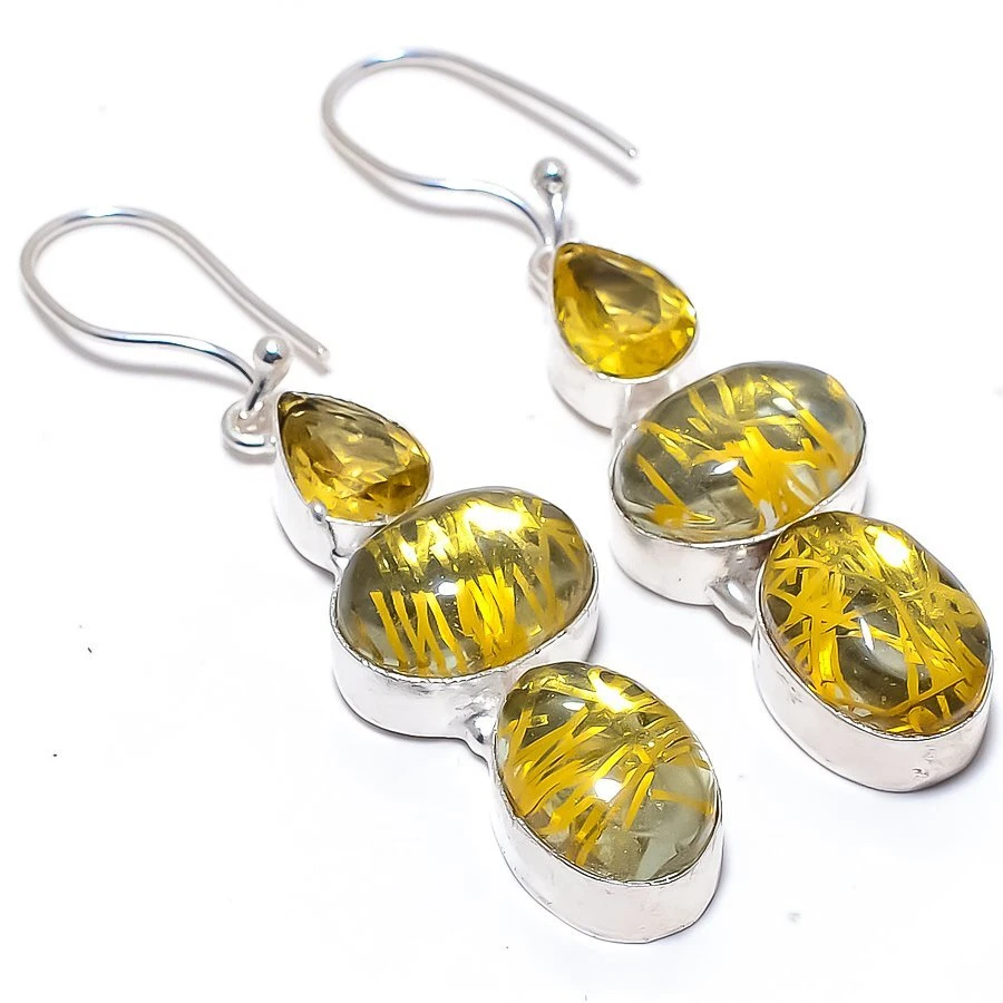 Golden Rutile Quartz Gemstone Handmade 925 Silver Jewelry Earring 2.0" R-2795 - Image 1 of 1