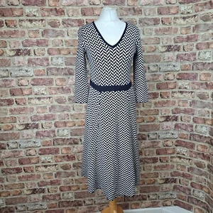 Boden Knitted Dress UK 12 Tall Blue White Chevron Herringbone Jumper 3/4 Sleeve - Picture 1 of 11