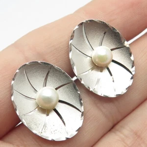 925 Sterling Silver Vintage Real Pearl Textured Cufflinks - Picture 1 of 8