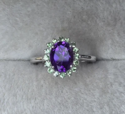 Amethyst / Tsavorite Garnet Ring in Rhodium Over Sterling Silver 2.20 ctw  Sz 7 - Image 1 of 4