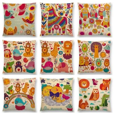 Retro Cute Cartoon Flower Trees Plants Rainbow Elephant Bee Fish Cushion Cover - Image 1 of 4