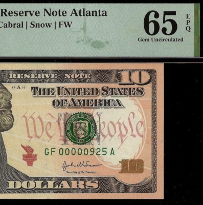 2004A $10 Federal Reserve Note Atlanta PMG 65EPQ 3rd highest graded low serial - Image 1 of 3