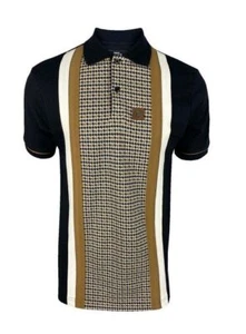MENS TROJAN CENTRE STRIPE DOGTOOTH / HOUNDSTOOTH CHECK POLO SHIRT 8719 - Black - Picture 1 of 2