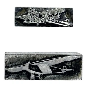 Lot of 2 Vintage Letterpress Printing Block Airplane Aviation Biplane - Picture 1 of 4