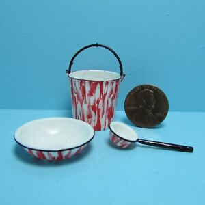 Dollhouse Miniature Pail Bowl and Dipper in Red Enamelware CAR0864
