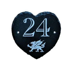 Engraved Natural Slate Heart House Number Door Plaque Sign Welsh Dragon Wales - Picture 1 of 1