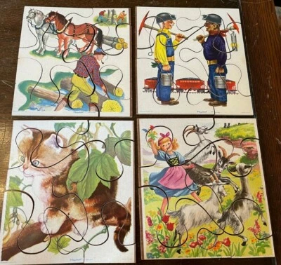 Lot of 4 Playskool Vintage Wooden Jigsaw Puzzles Wood Choppers Little miners cat - Image 1 of 4