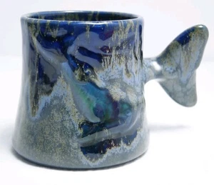 Doug Wylie Art Pottery Whale Tail Handle Coffee Mug Cup Blue Ceramic Drip Glaze - Picture 1 of 9