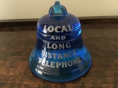 Light Blue Glass Bell Shaped  Bell Telephone Paperweight 3" local & long distanc - Image 1 of 3