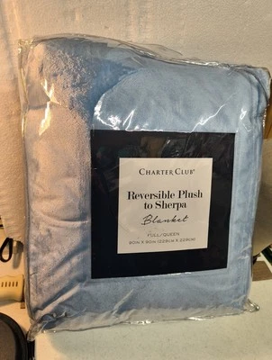 Charter Club Reversible Plush Sherpa Full Queen Bed Blanket Blue/White 90x90 - Image 1 of 4