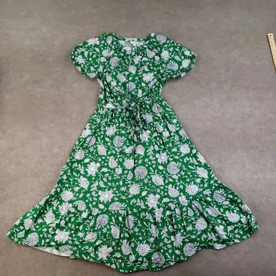 Vestido J Crew Mujer Talla 0 Verde Blanco Floral Cinturón Maxi Manga Corta Ajuste Acampanado Foto 1 de 4