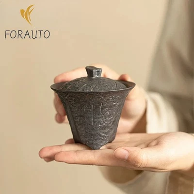 80ml Handmade Coarse Pottery Gaiwan Ancient Bronze Glaze Household Tea Set - Image 1 of 4