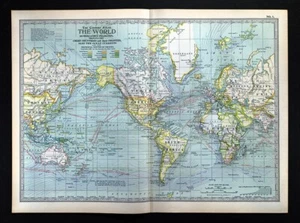 1897 Century World Map Ocean Currents Railroad Steamers - Around World Route - Picture 1 of 5