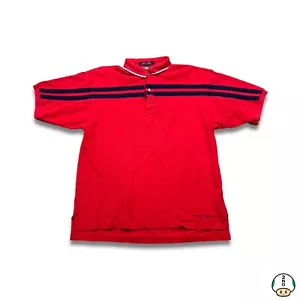 Camisa polo Tommy Hilfiger vintage años 90 para hombre XL roja a rayas deletreada manga corta - Imagen 1 de 5