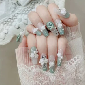 False nails press on nails coffin ombré sage green fake nails 3d roses pearls - Picture 1 of 10