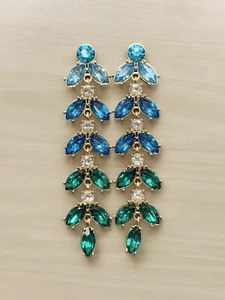AB party Blue Green rhinestone drop dangle Boho Long Pierced Earrings 3” - Picture 1 of 10