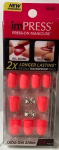 Impress Gel Maniküre Press on Nails kurz neon pink mit weißem Fliege Akzent - Bild 1 von 1