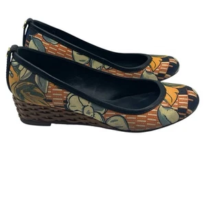 Tory Burch Womens Sz 6.5 Jessalyn Floral Demi Wicker Wedge Heel Shoes - Picture 1 of 14
