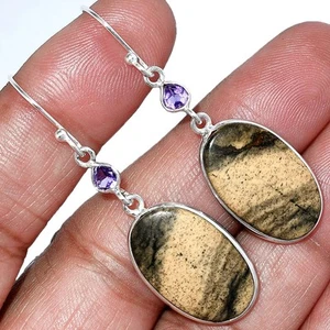 Natural Picture Jasper & Amethyst 925 Sterling Silver Earrings Jewelry E-1002 - Picture 1 of 5