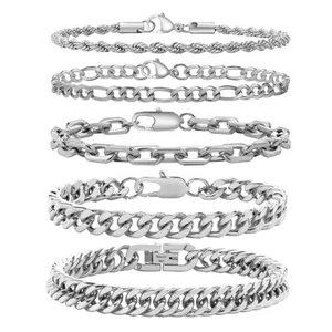 Silver Chain Bracelets for Men - 5 Pcs Solid Stainless Steel Rope/Figaro/Pape... - Picture 1 of 8