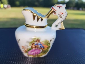 Limoges France Porcelain Miniature Pitcher Corting Couple Fish Handle Gold Trim - Picture 1 of 8