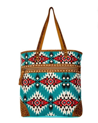 Myra Bag S-7362 Tribe Of The Sun Canvas & Leather Tote Bag Southwestern Colorful - Image 1 of 4