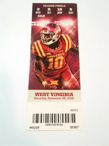 2016 Iowa State Cyclones West Virginia Football Ticket Stub Cover