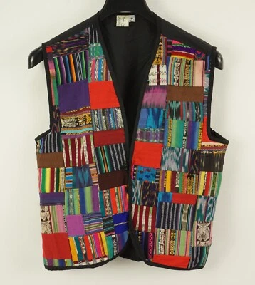 Vintage Hand Made Southwestern Patch Work Vest Mens XL Cotton Button Front Black - Image 1 of 4