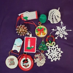 Vintage Lot of Handmade Christmas Ornaments Crochet Cross Stitch Beading - Picture 1 of 5