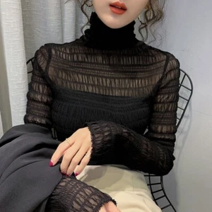 Women Slim Lace Top Mesh Pleated hollow Sheer T-shirt Turtle Neck Blouse Retro - Picture 1 of 14