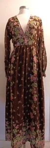 vintage 70's brown floral hippy maxi dress sz S/M - Picture 1 of 4