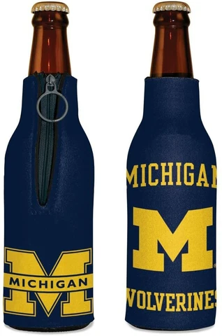 Michigan Wolverines Bottle Cooler 12 oz Zip Up Koozie Jacket NCAA Two Sided Cover