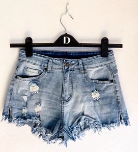 Blue Denim Jeans Shorts Distressed Button/Zip Closure Womens Size S Festival - Picture 1 of 3