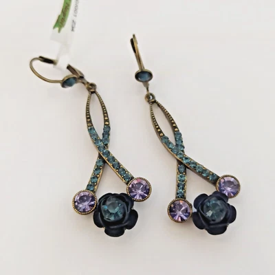 Michal Negrin Earrings Sparkly Purple Blue Crystals Rose Long Romantic Victorian - Image 1 of 4