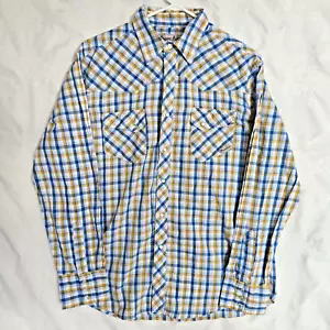 Wrangler Wrancher Western Shirt Men's Size L Snap Button Blue Yellow White Check - Picture 1 of 4