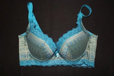 Sujetador push-up con aros de encaje brocado azul/verde azulado - detalle de lazo - talla 28B Foto 1 de 4