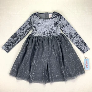 Cat & Jack Mädchen Größe 5T zerkleinerter Samt silbergrau langärmeliges Kleid Prinzessin - Bild 1 von 8