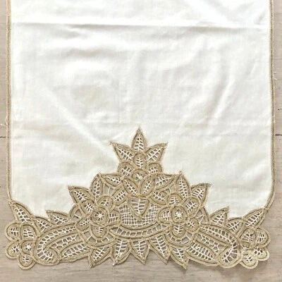 Holiday Gold Metallic Lace Table Runner Battenberg Floral 17x60 - Image 1 of 3