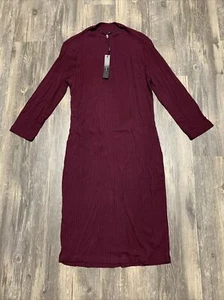Tahari Dress Women’s Medium Plum Ribbed Knit High Neck 3/4 Sleeve  NWT - Picture 1 of 6